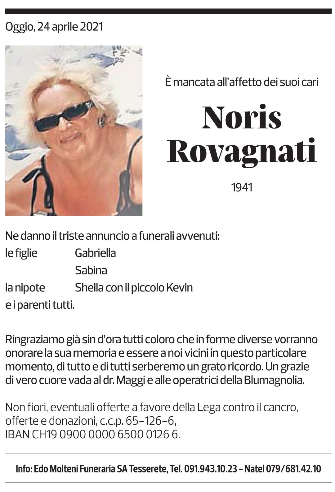 Annuncio funebre Noris Rovagnati