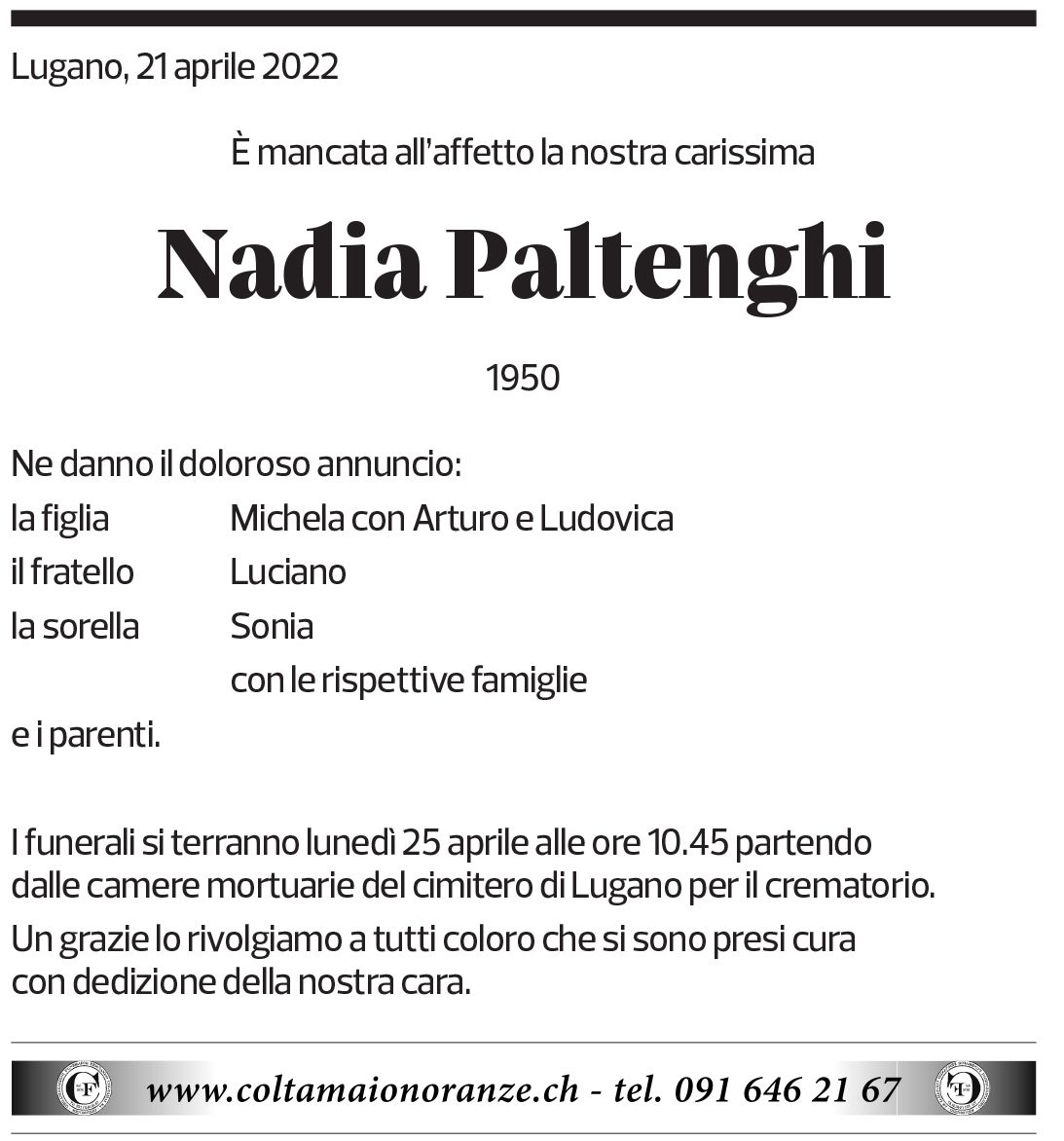 Annuncio funebre Nadia Paltenghi