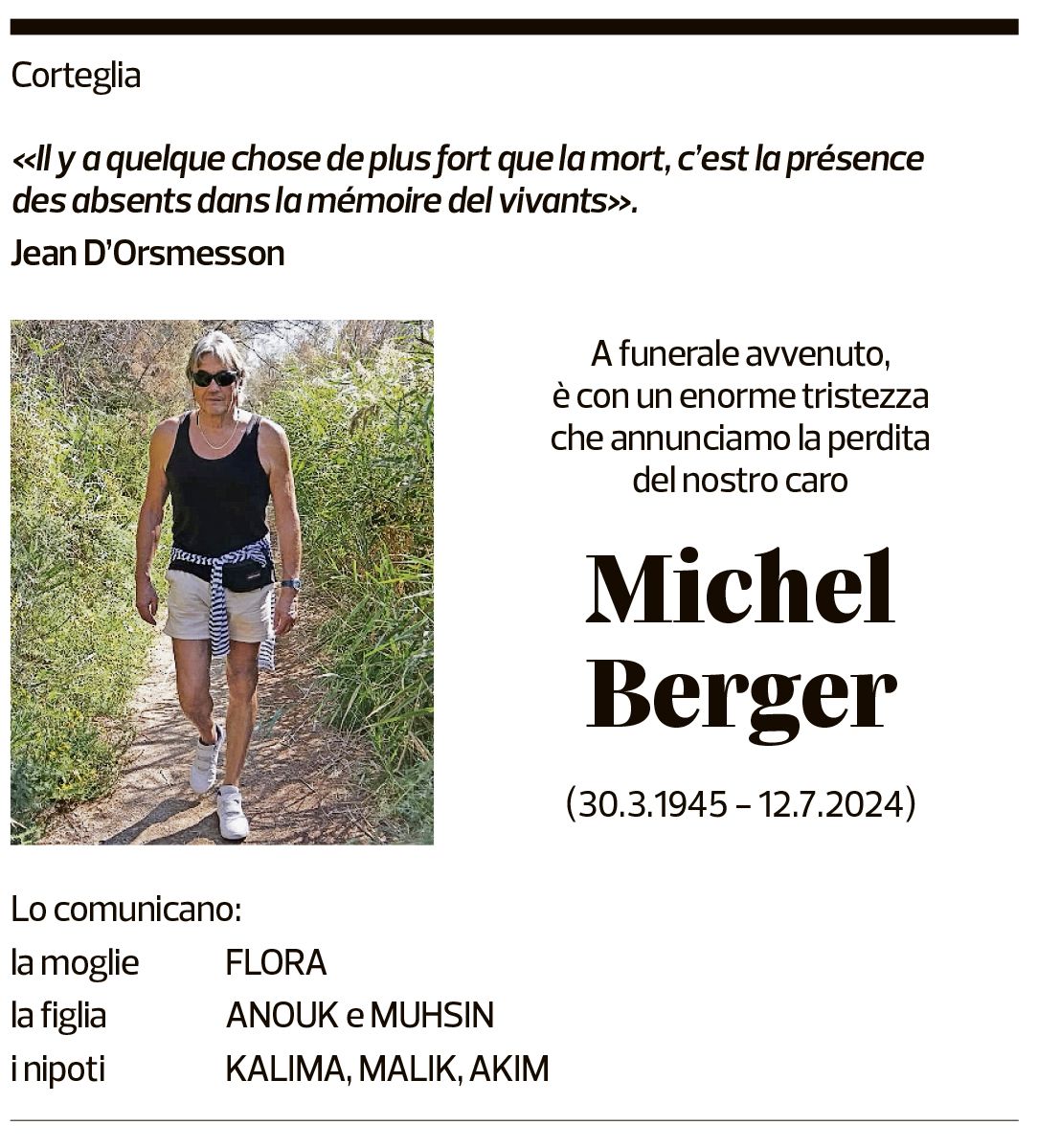 Annuncio funebre Michel Berger