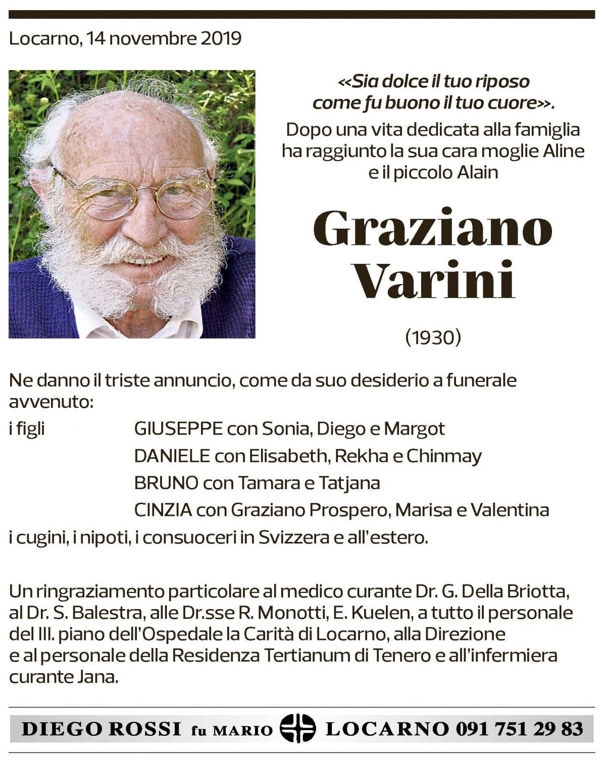 Annuncio funebre Graziano Varini