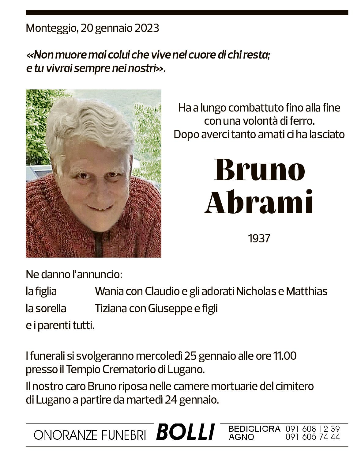 Annuncio funebre Bruno Abrami