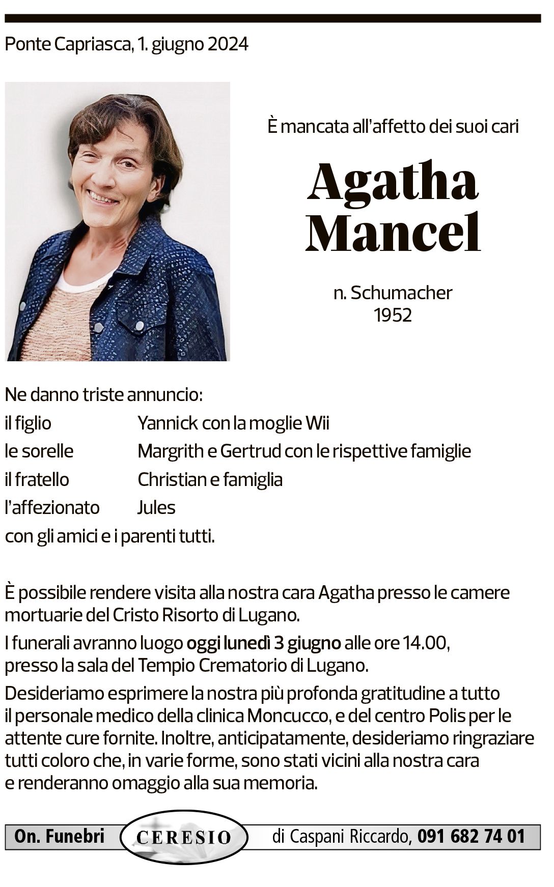 Annuncio funebre Agatha Mancel