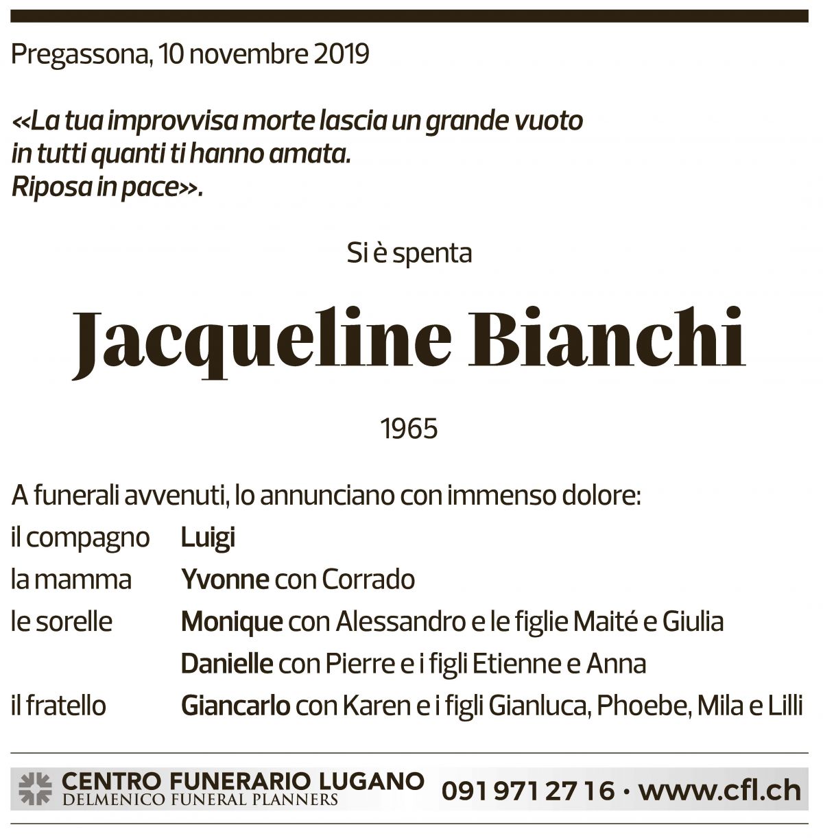 Annuncio funebre Jacqueline Bianchi