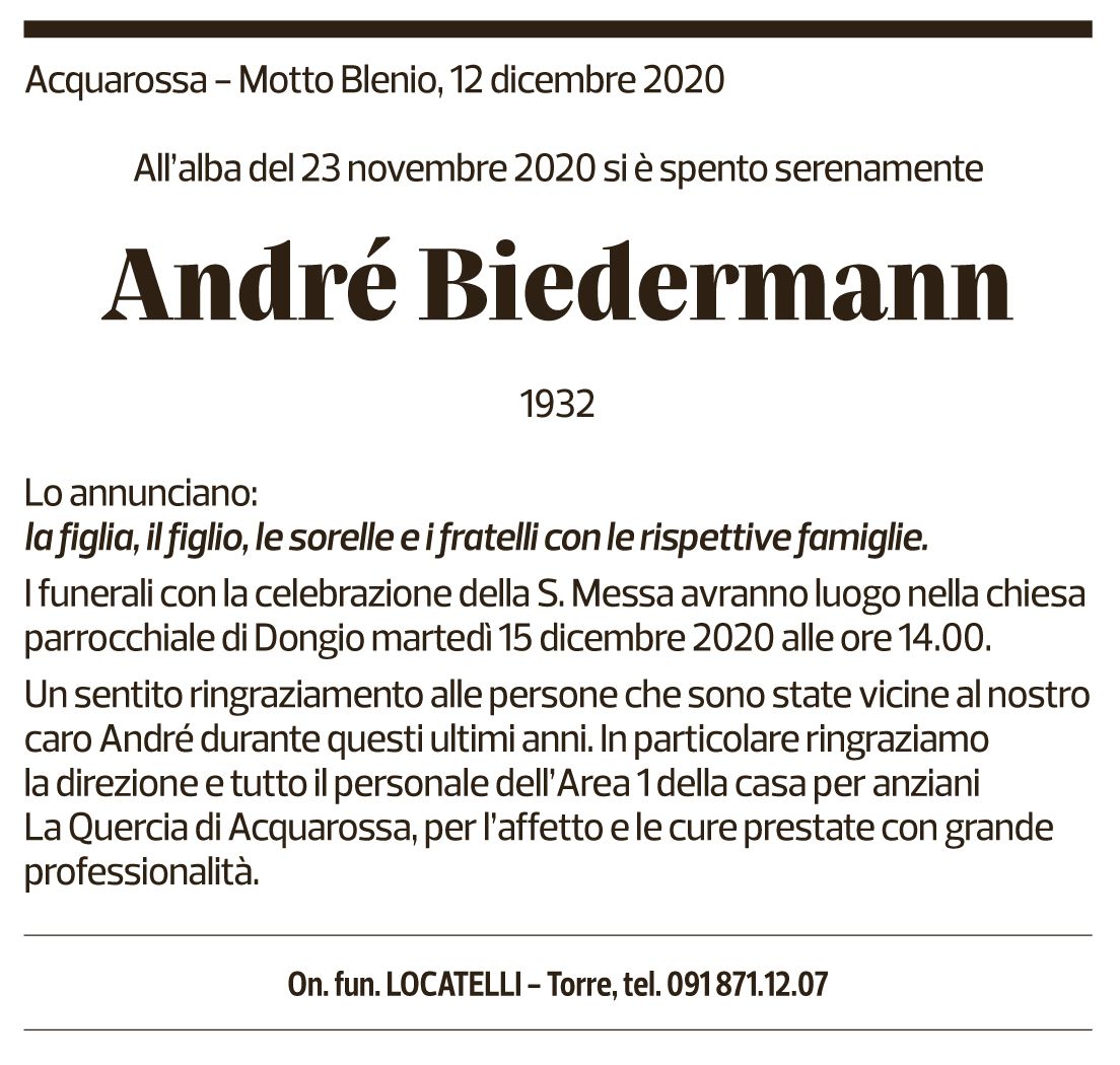 Annuncio funebre André Biedermann