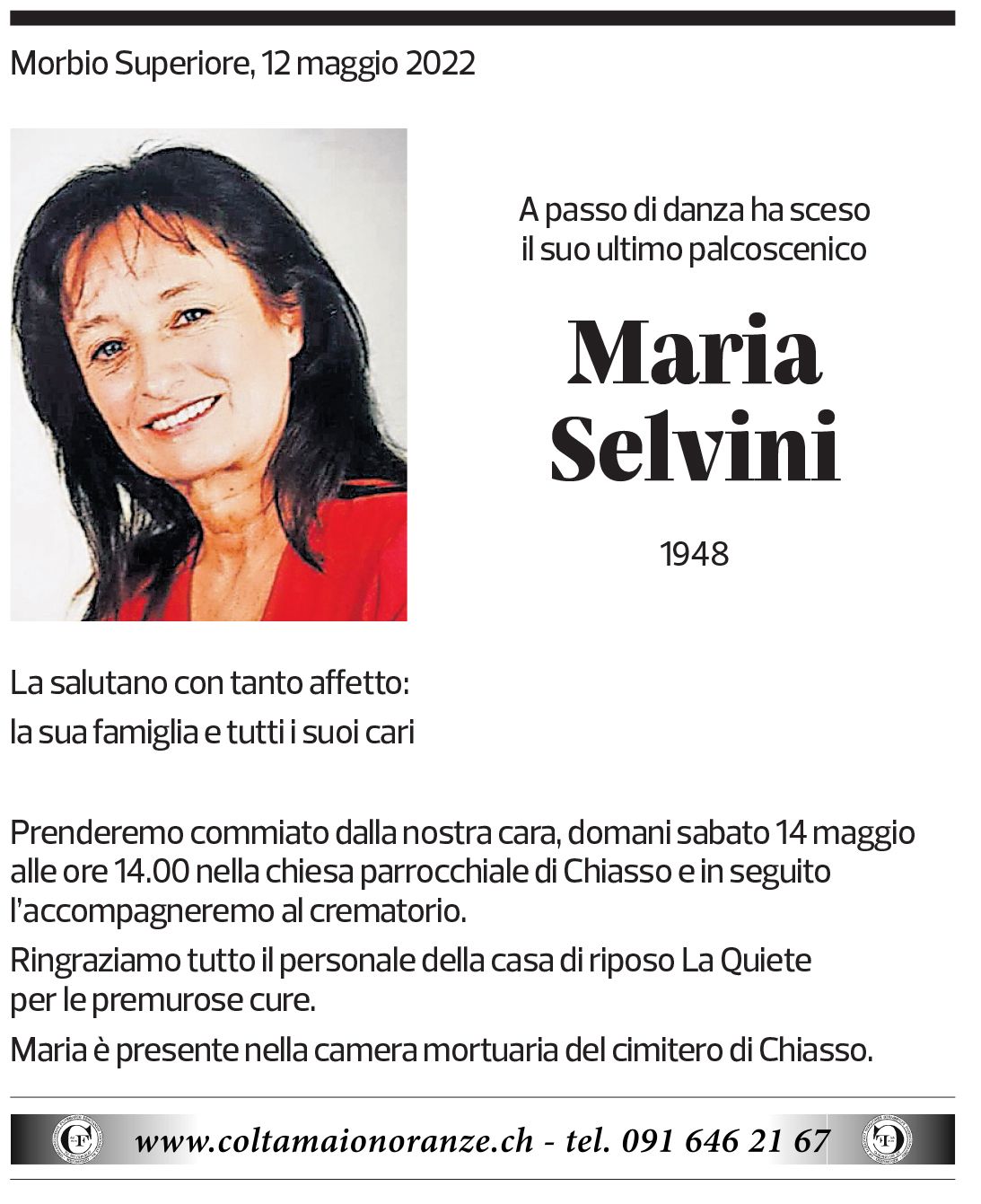 Annuncio funebre Maria Selvini