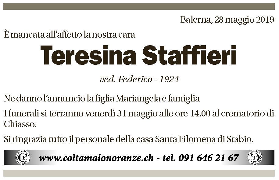 Annuncio funebre Teresina Staffieri