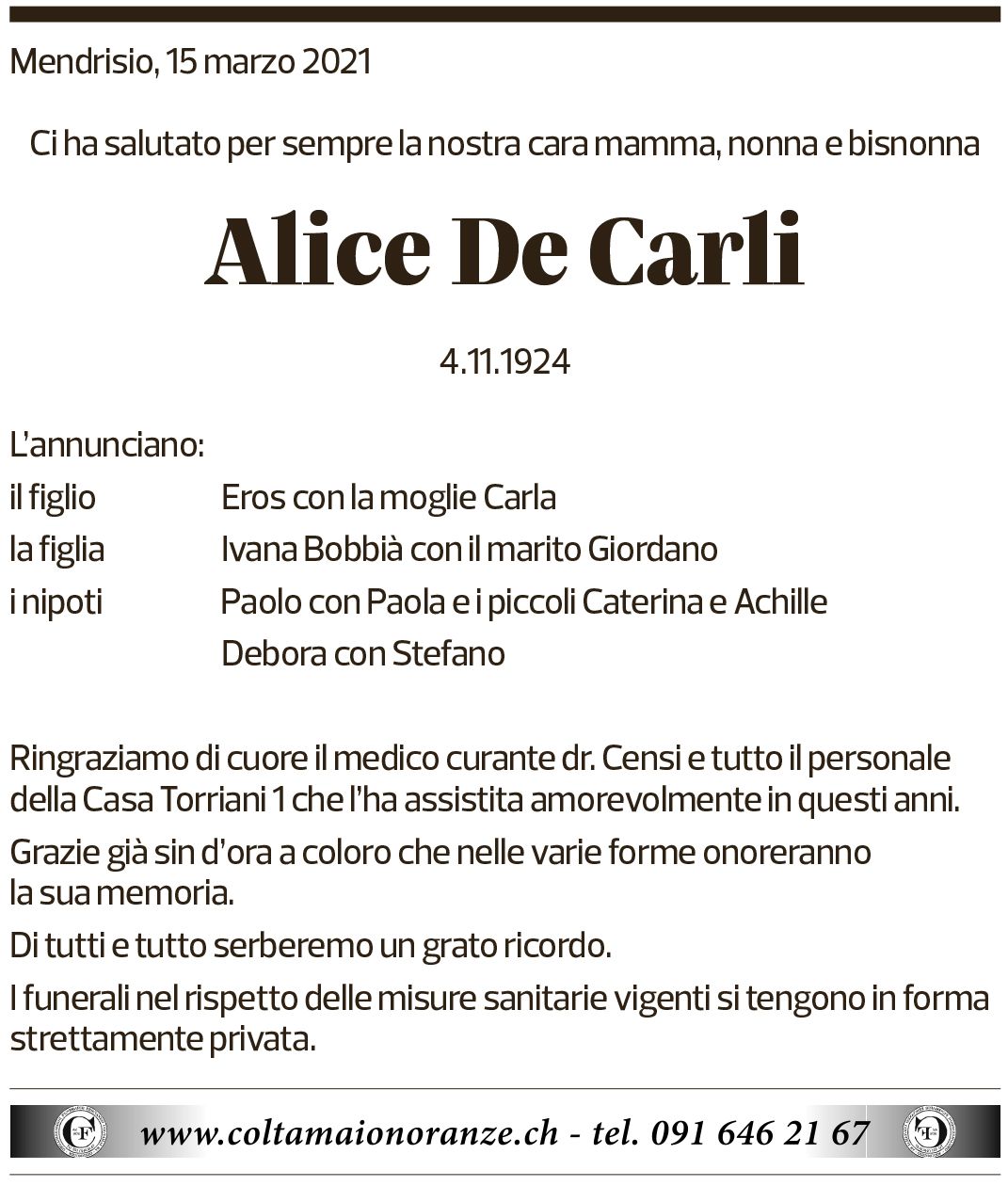 Annuncio funebre Alice De Carli