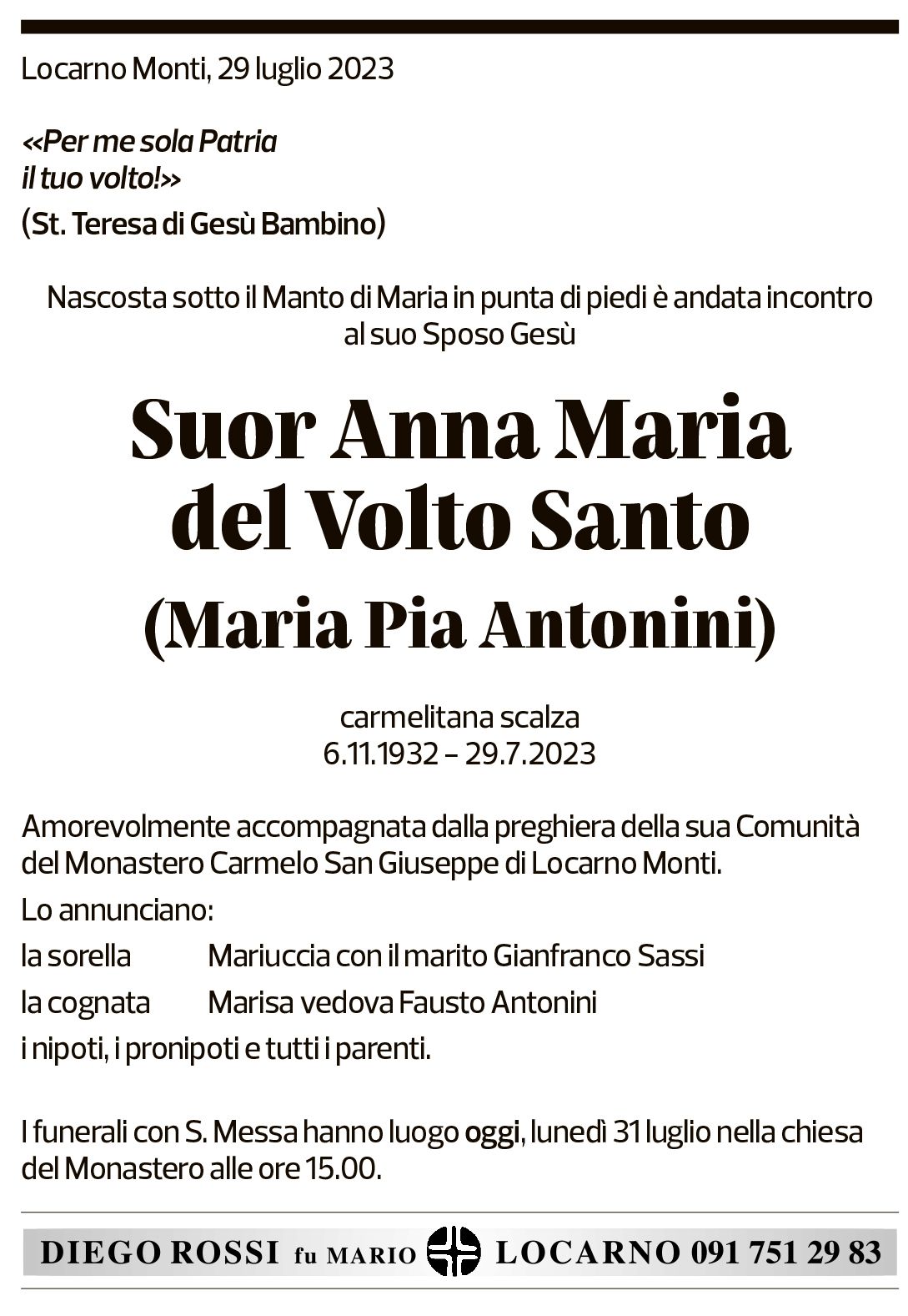 Annuncio funebre Suor Anna Maria Del Volto Santo Maria Pia Antonini