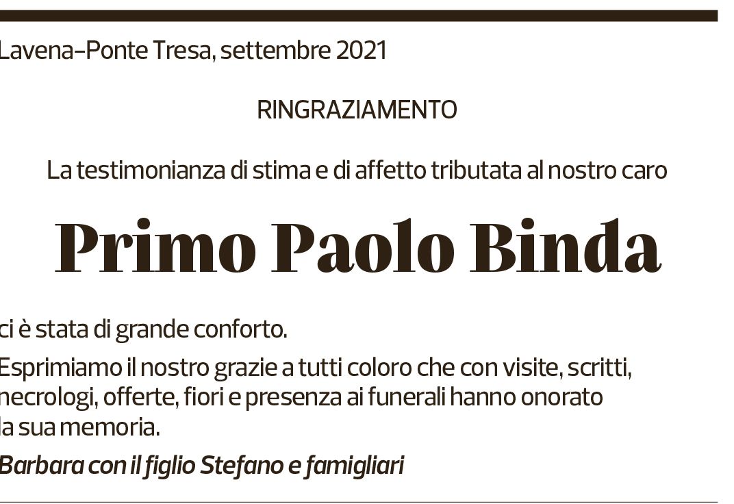 Annuncio funebre Primo Paolo Binda