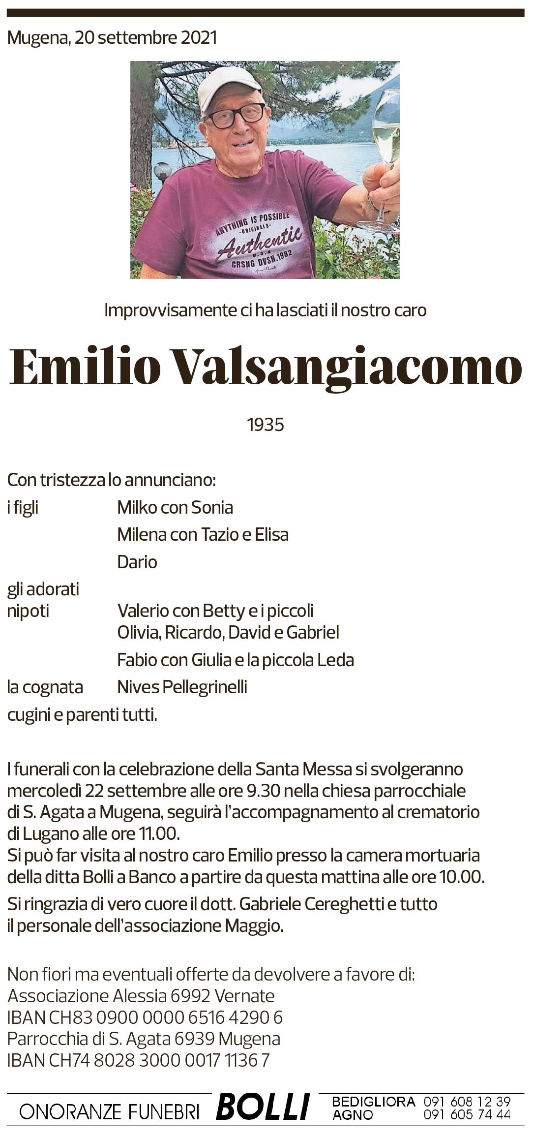 Annuncio funebre Emilio Valsangiacomo