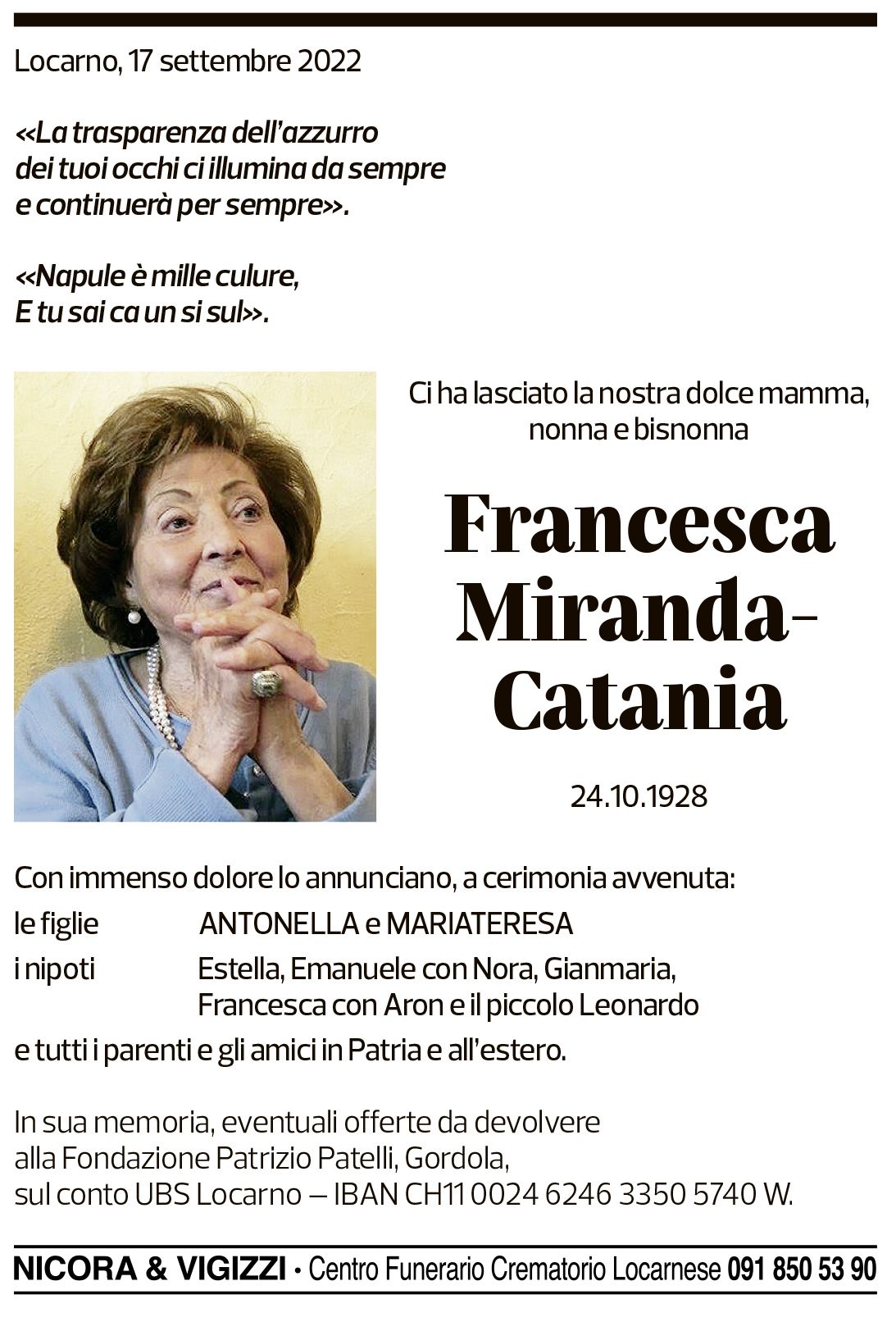 Annuncio funebre Francesca Miranda-catania