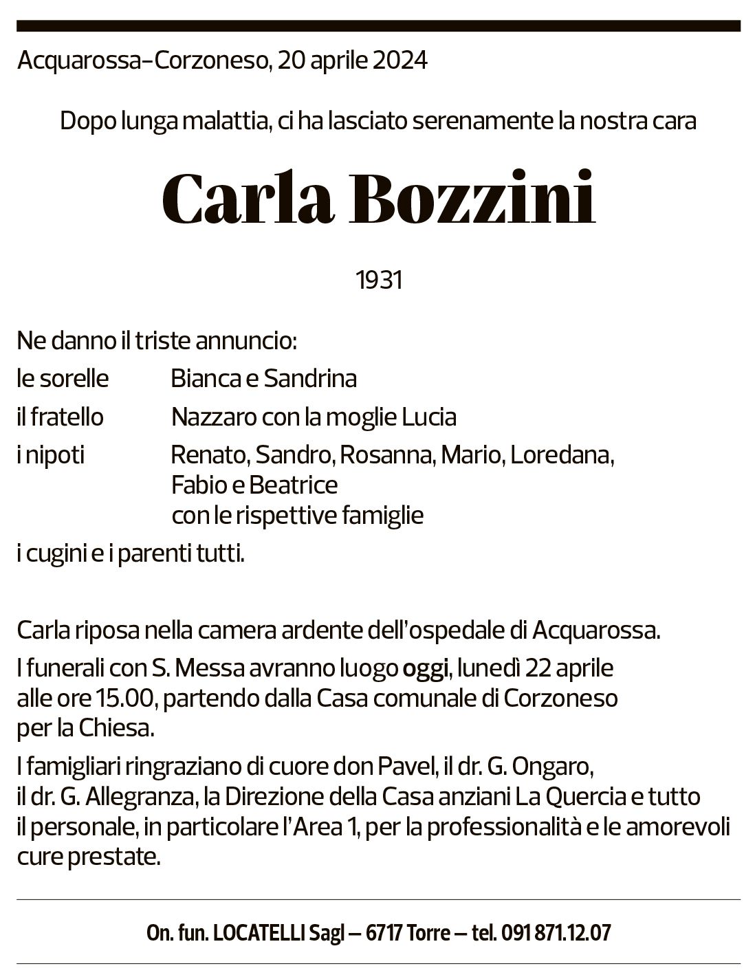 Annuncio funebre Carla Bozzini