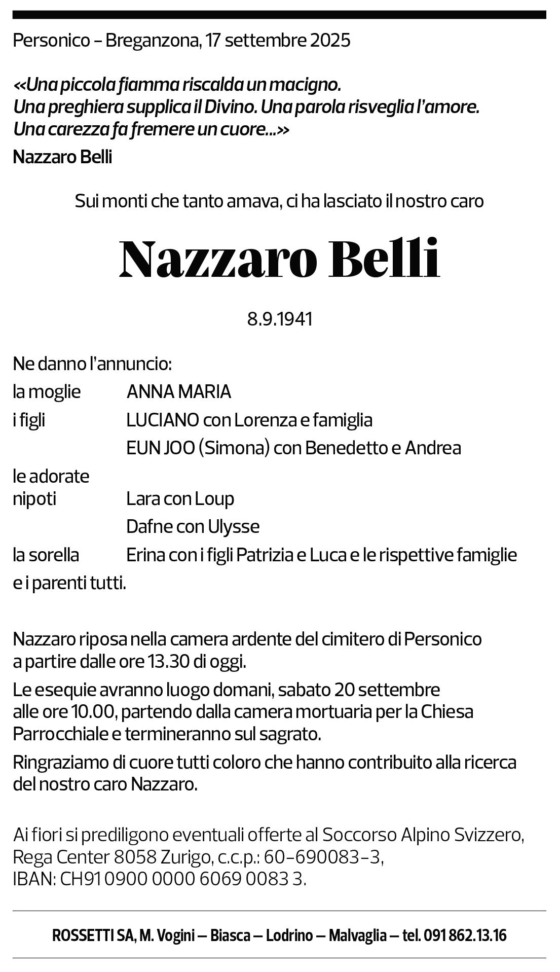 Annuncio funebre Nazzaro Belli
