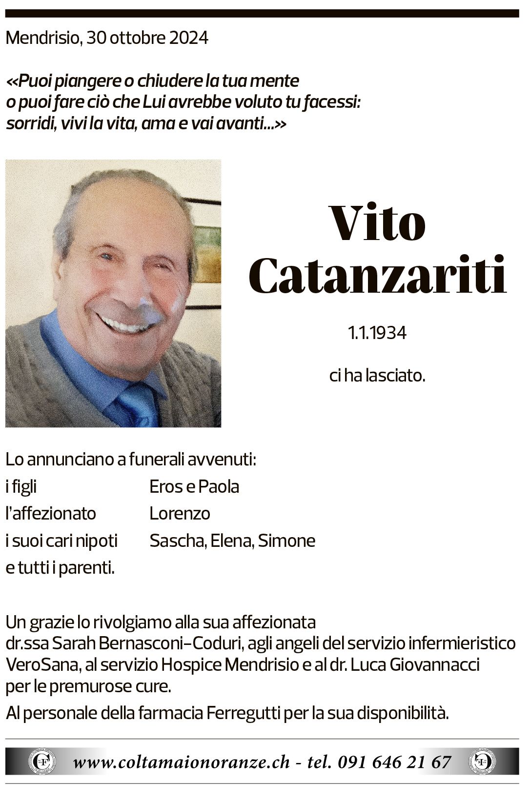 Annuncio funebre Vito Catanzariti