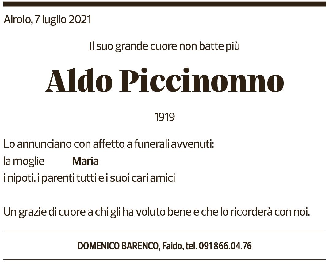 Annuncio funebre Aldo Piccinonno