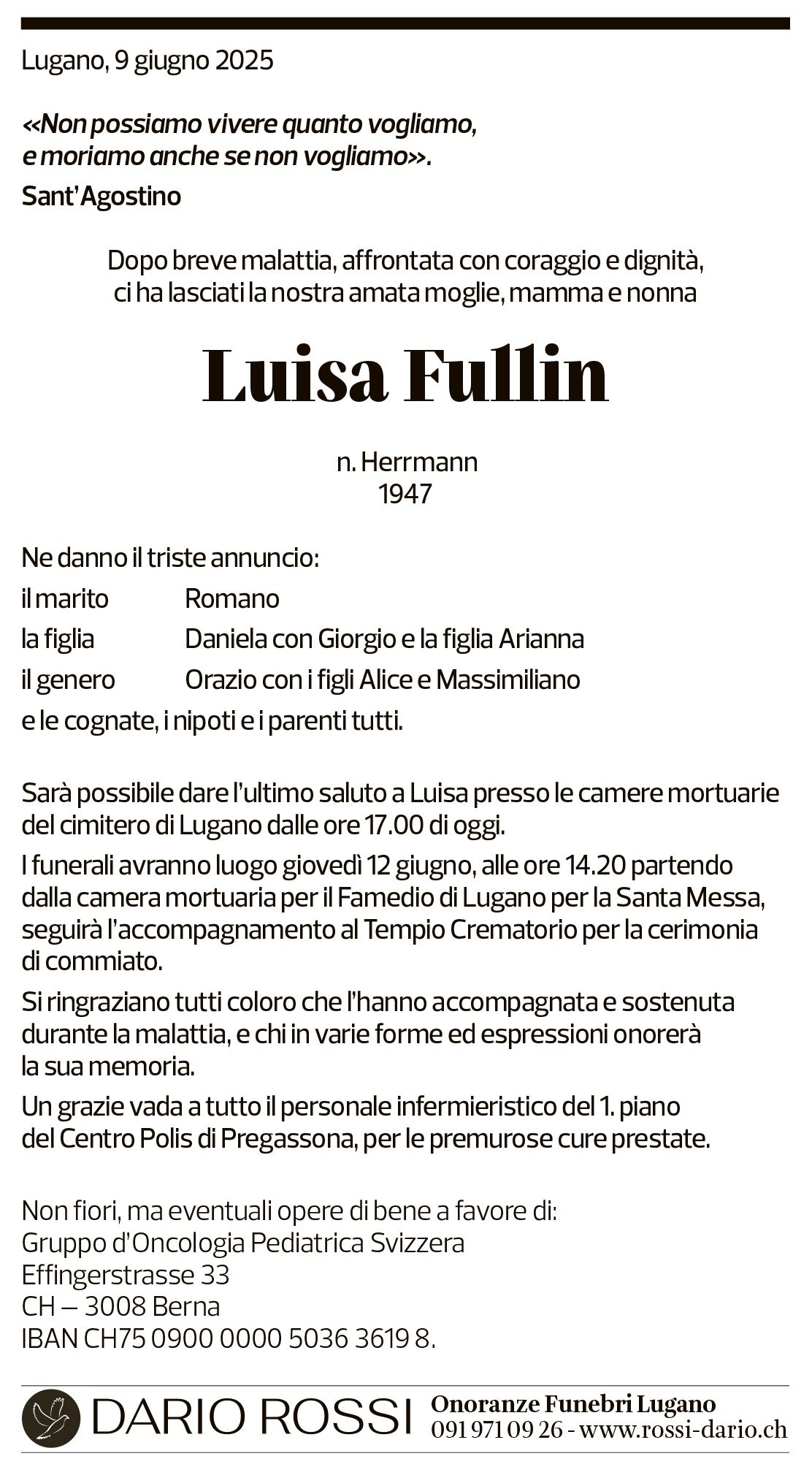 Annuncio funebre Luisa Fullin