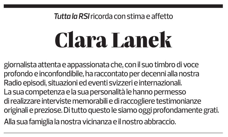Annuncio funebre Clara Lanek