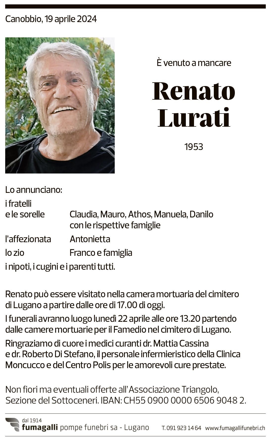 Annuncio funebre Renato Lurati