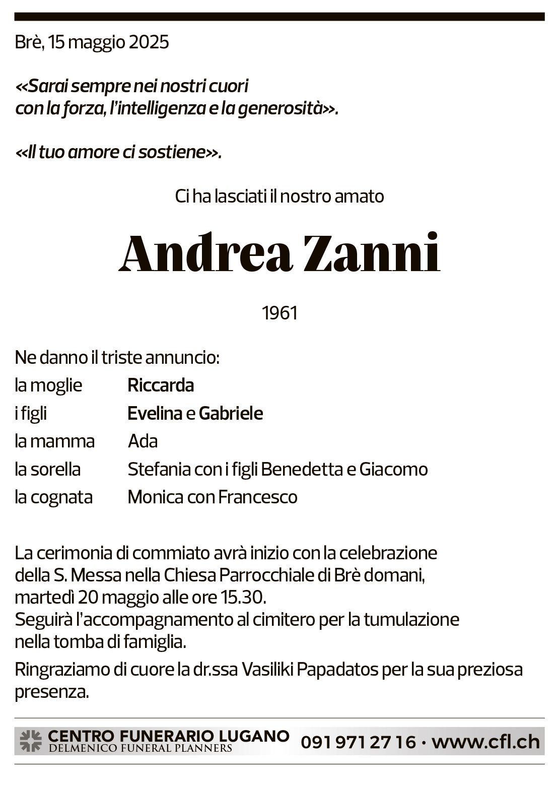 Annuncio funebre Andrea Zanni