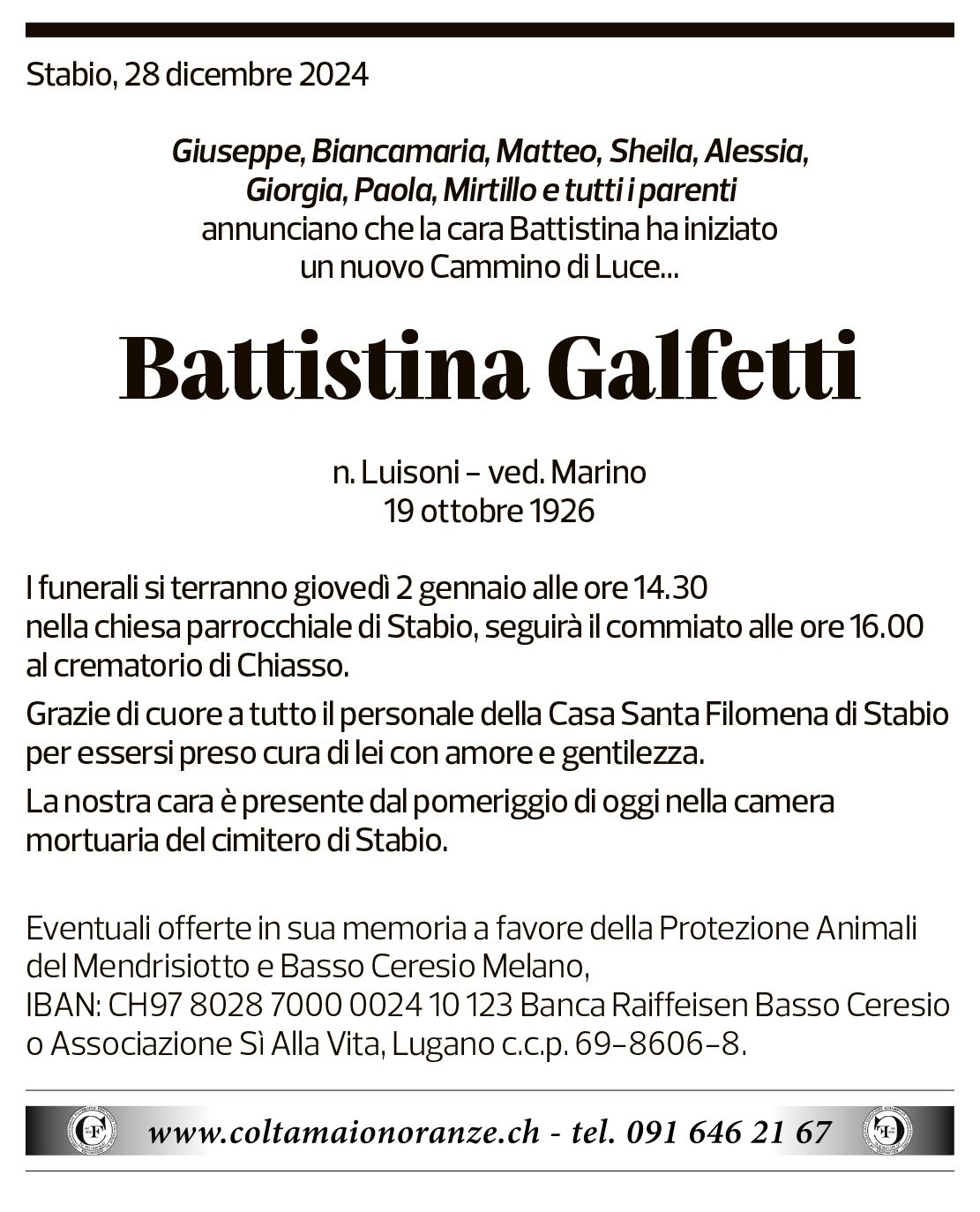 Annuncio funebre Battistina Galfetti