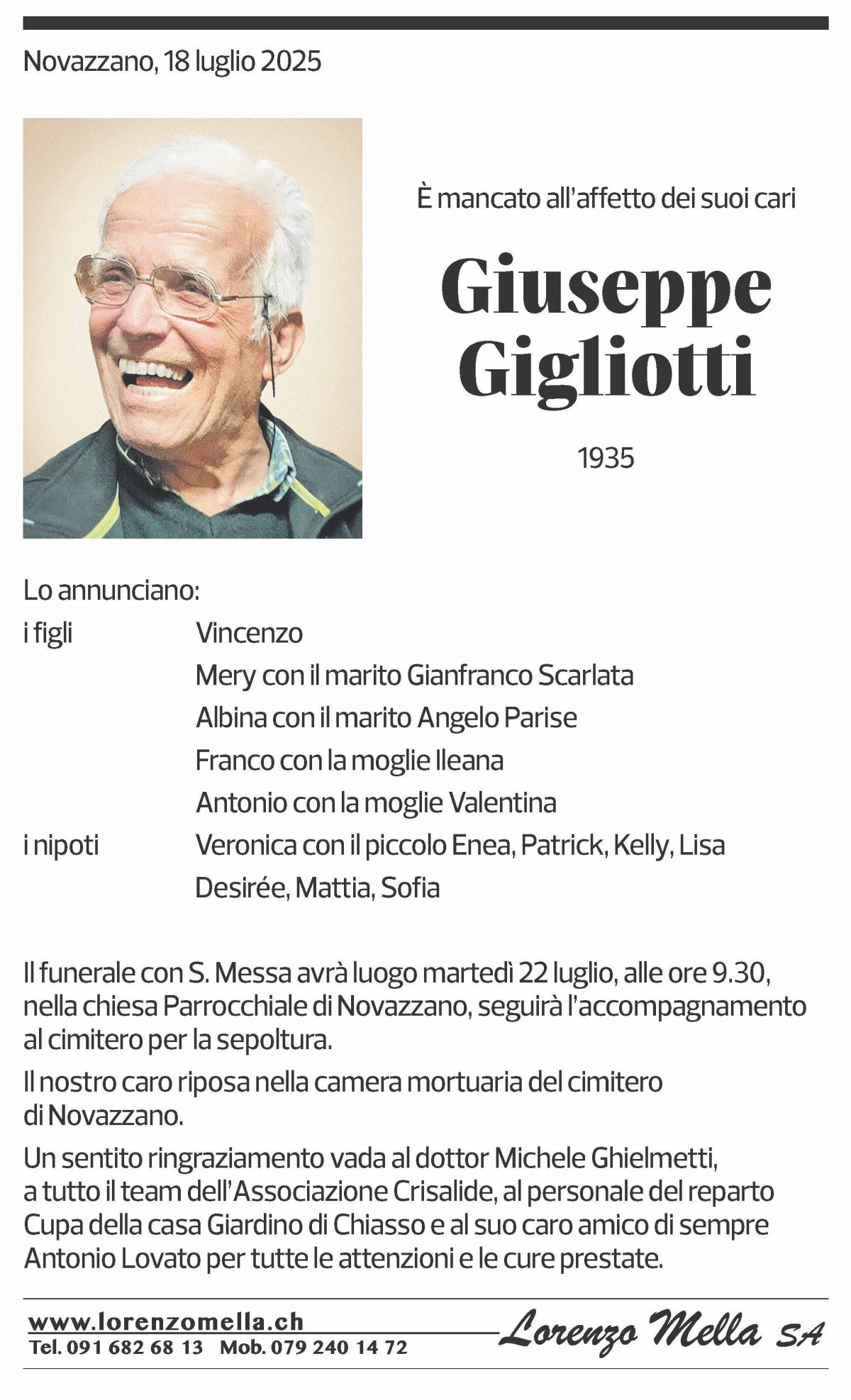 Annuncio funebre Giuseppe Gigliotti