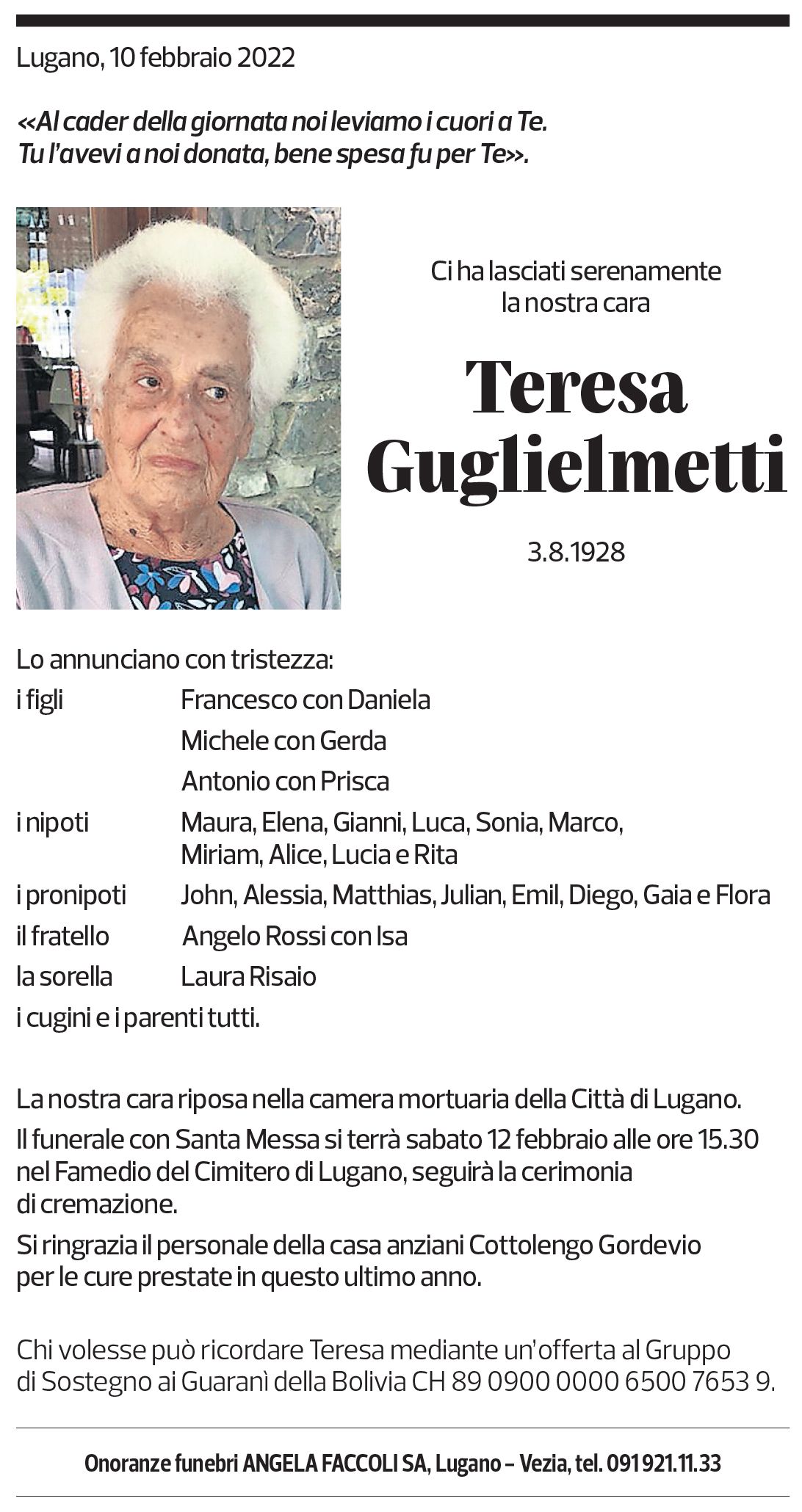 Annuncio funebre Teresa Guglielmetti