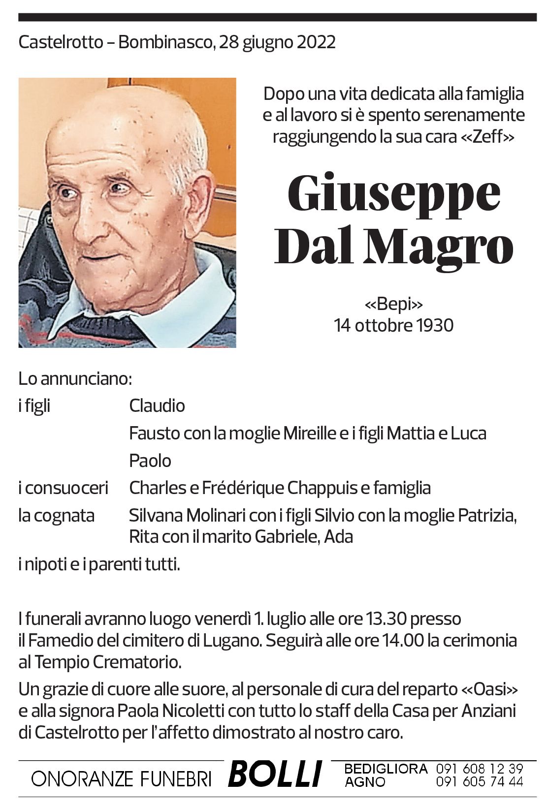 Annuncio funebre Giuseppe Dal Magro