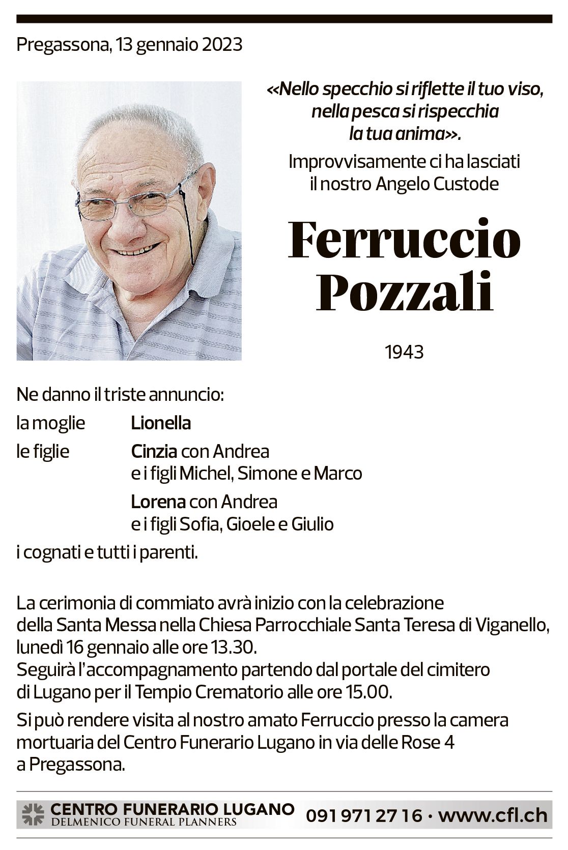 Annuncio funebre Ferruccio Pozzali