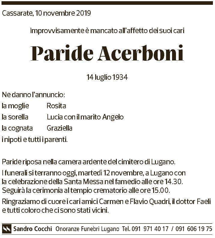 Annuncio funebre Paride Acerboni