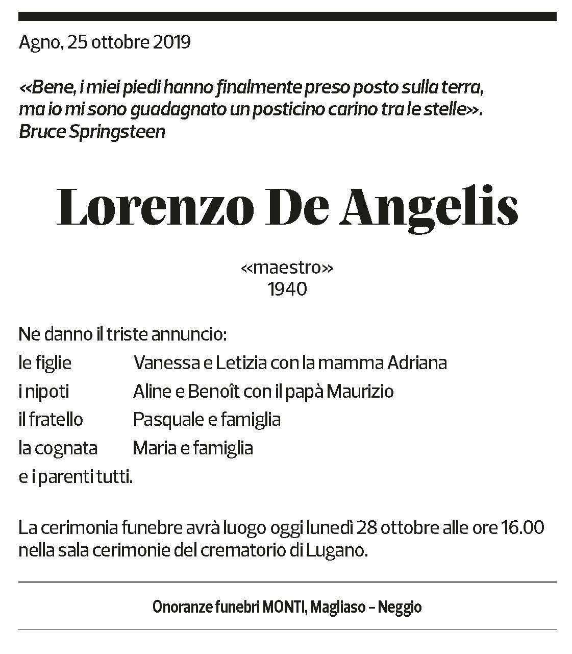 Annuncio funebre Lorenzo De Angelis