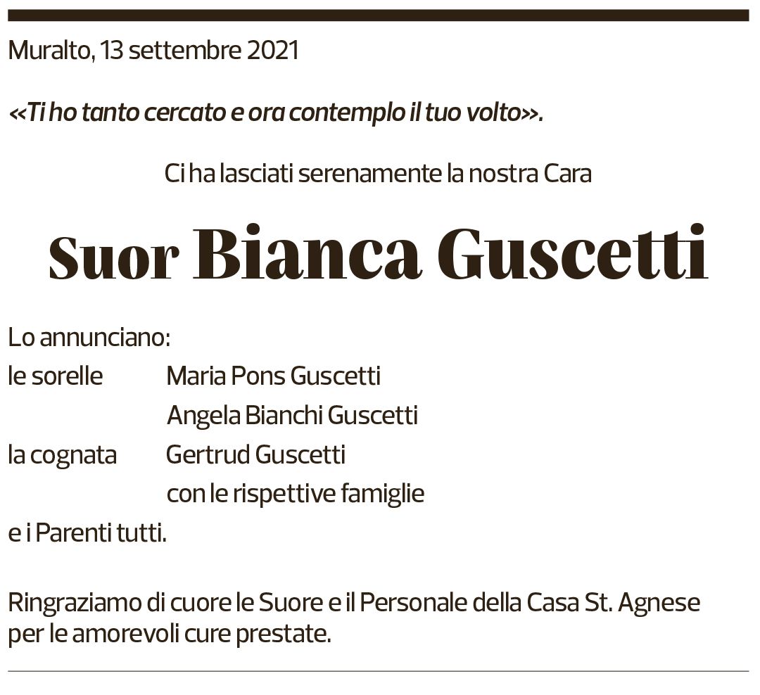 Annuncio funebre Bianca Guscetti