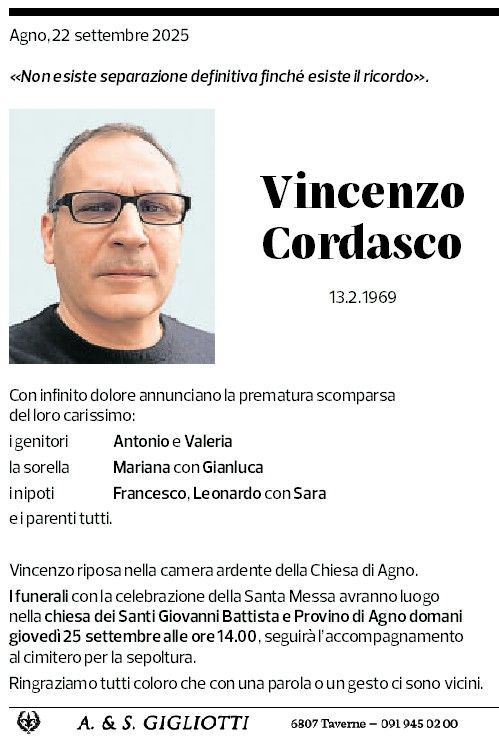 Annuncio funebre Vincenzo Cordasco
