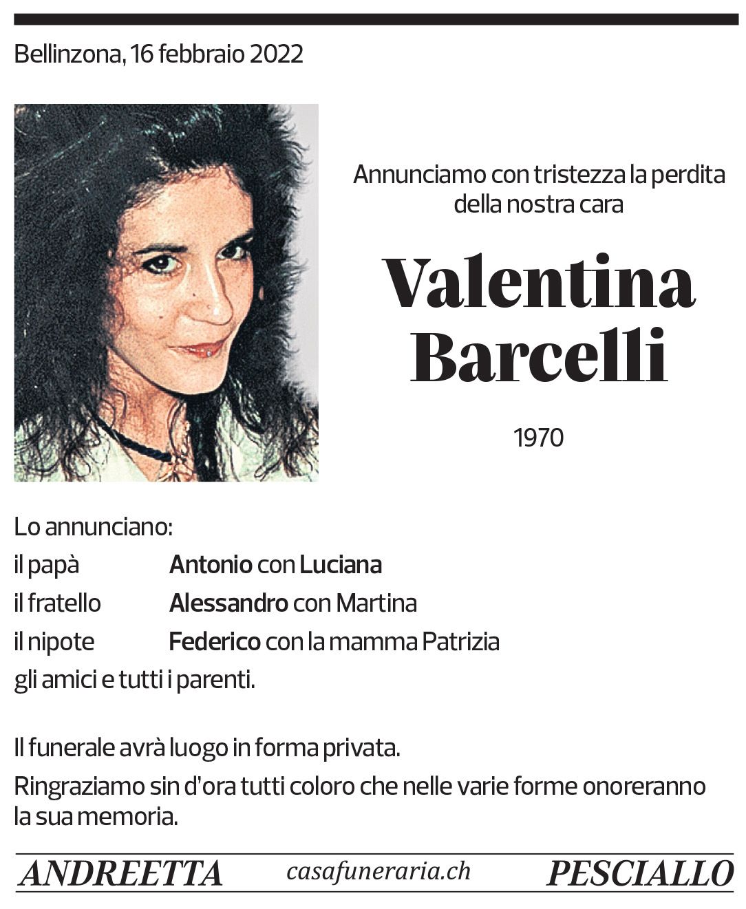 Annuncio funebre Valentina Barcelli