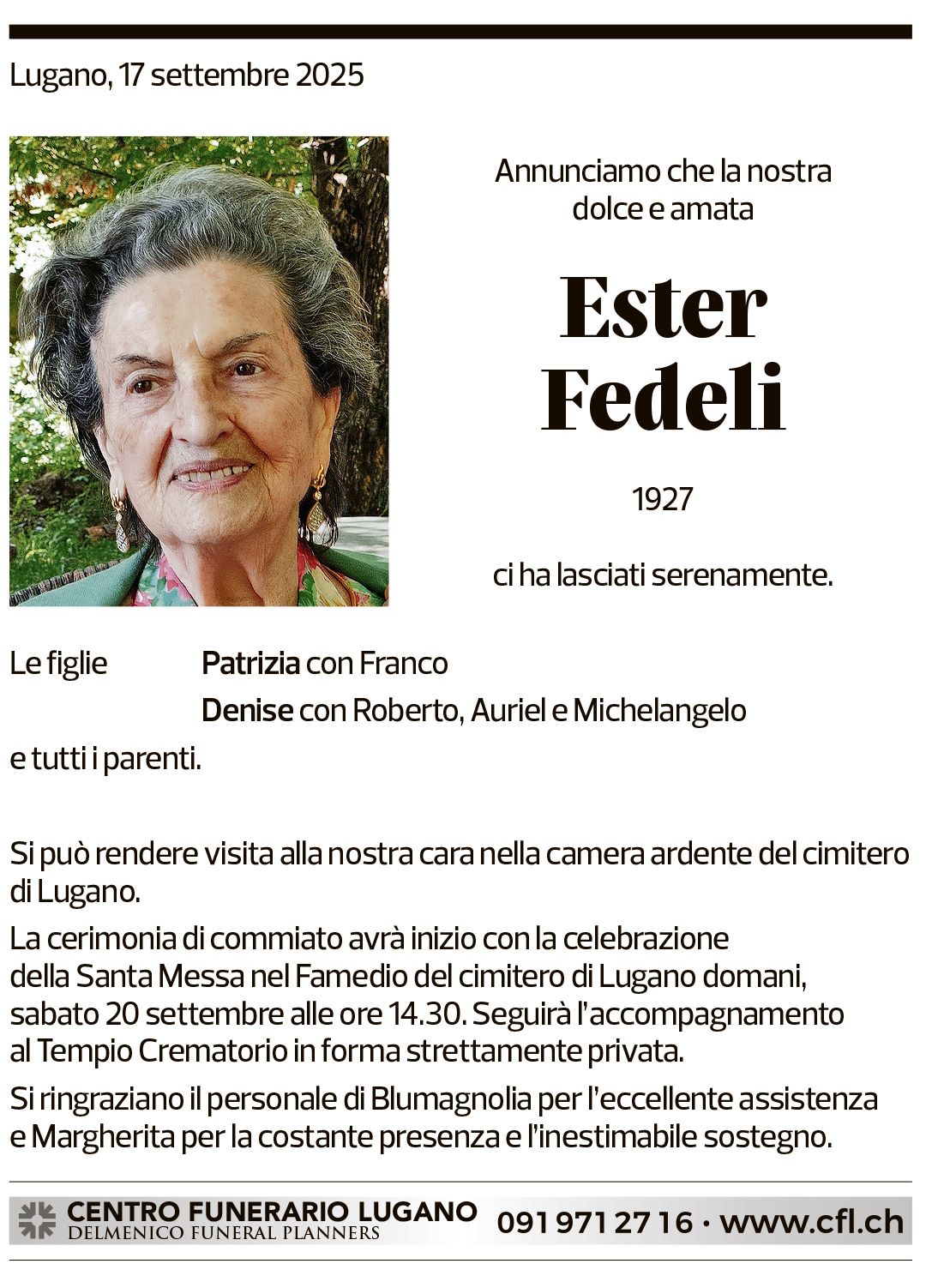 Annuncio funebre Ester Fedeli