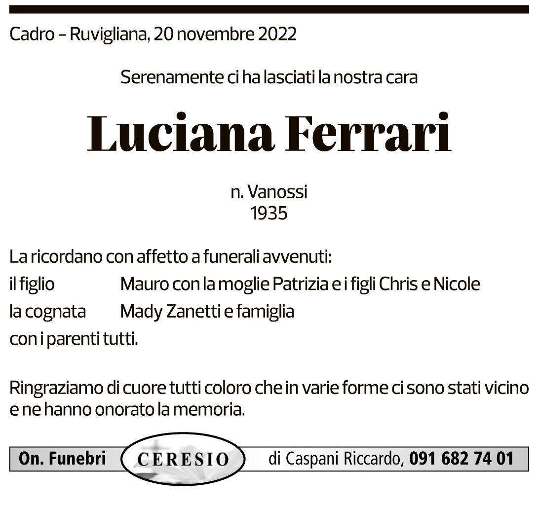 Annuncio funebre Luciana Ferrari