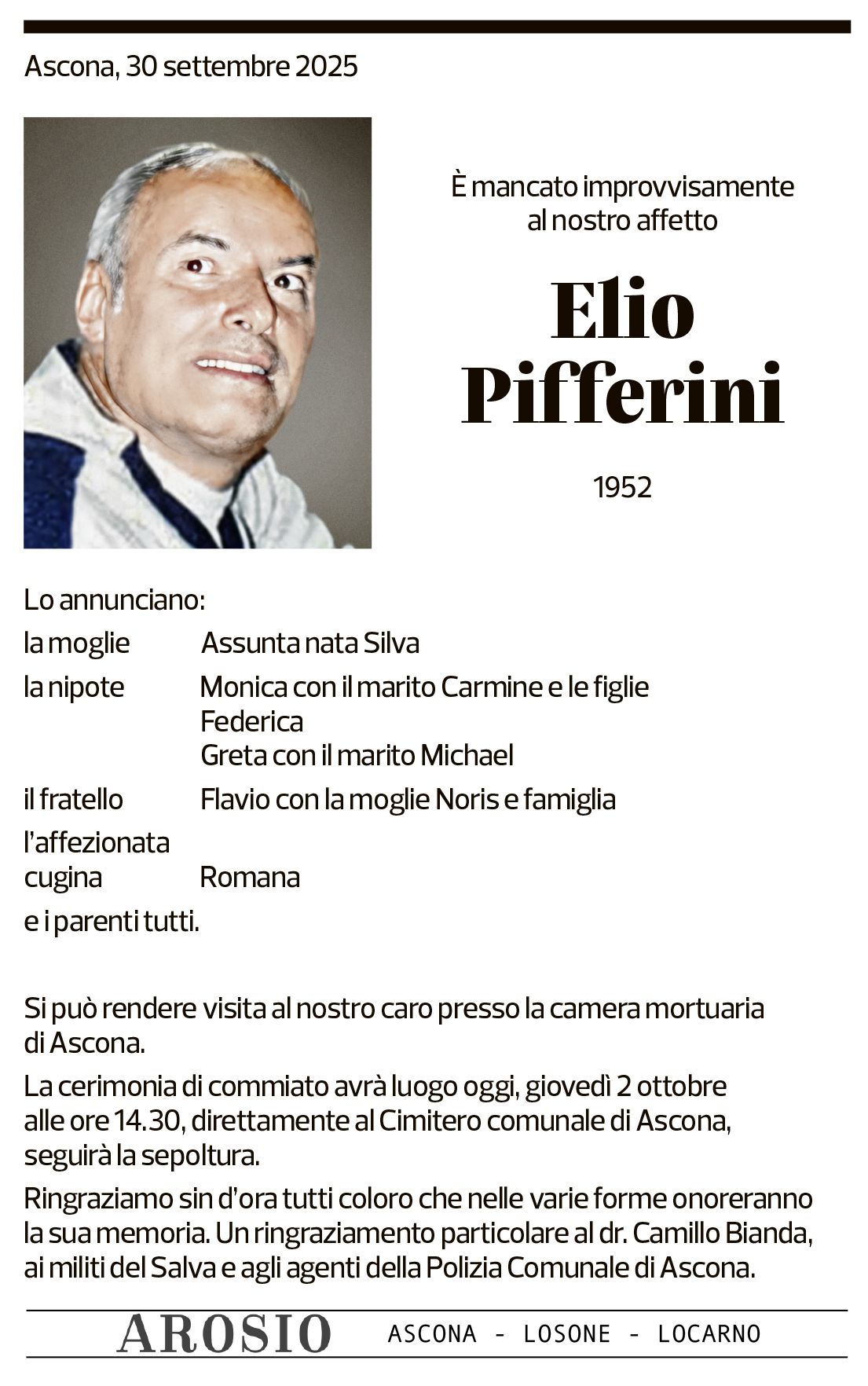Annuncio funebre Elio Pifferini