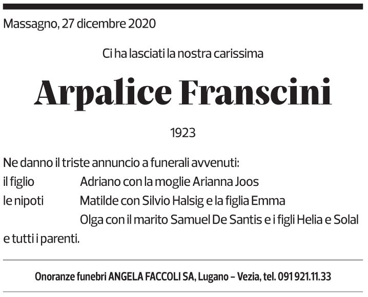 Annuncio funebre Arpalice Franscini