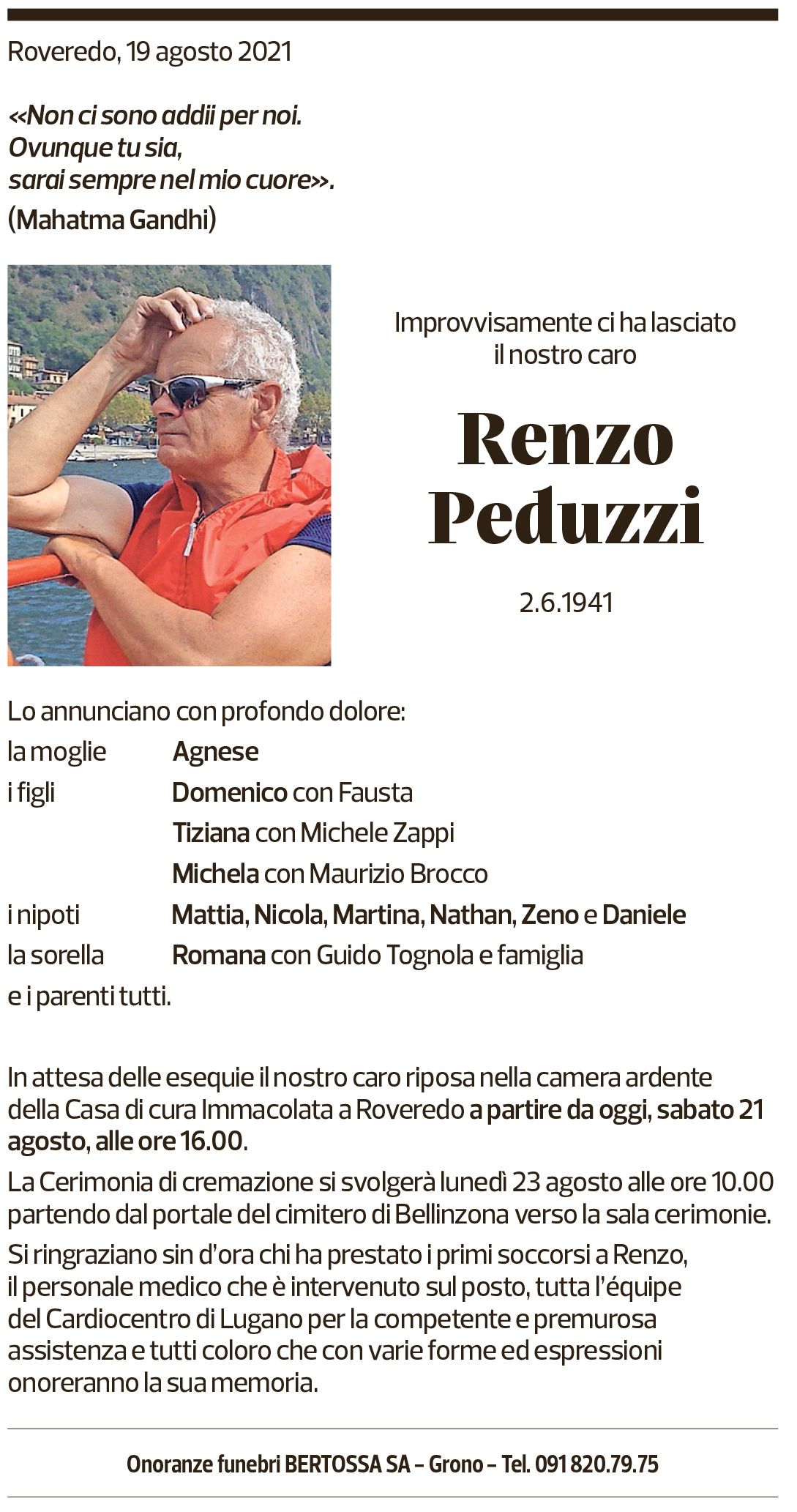 Annuncio funebre Renzo Peduzzi