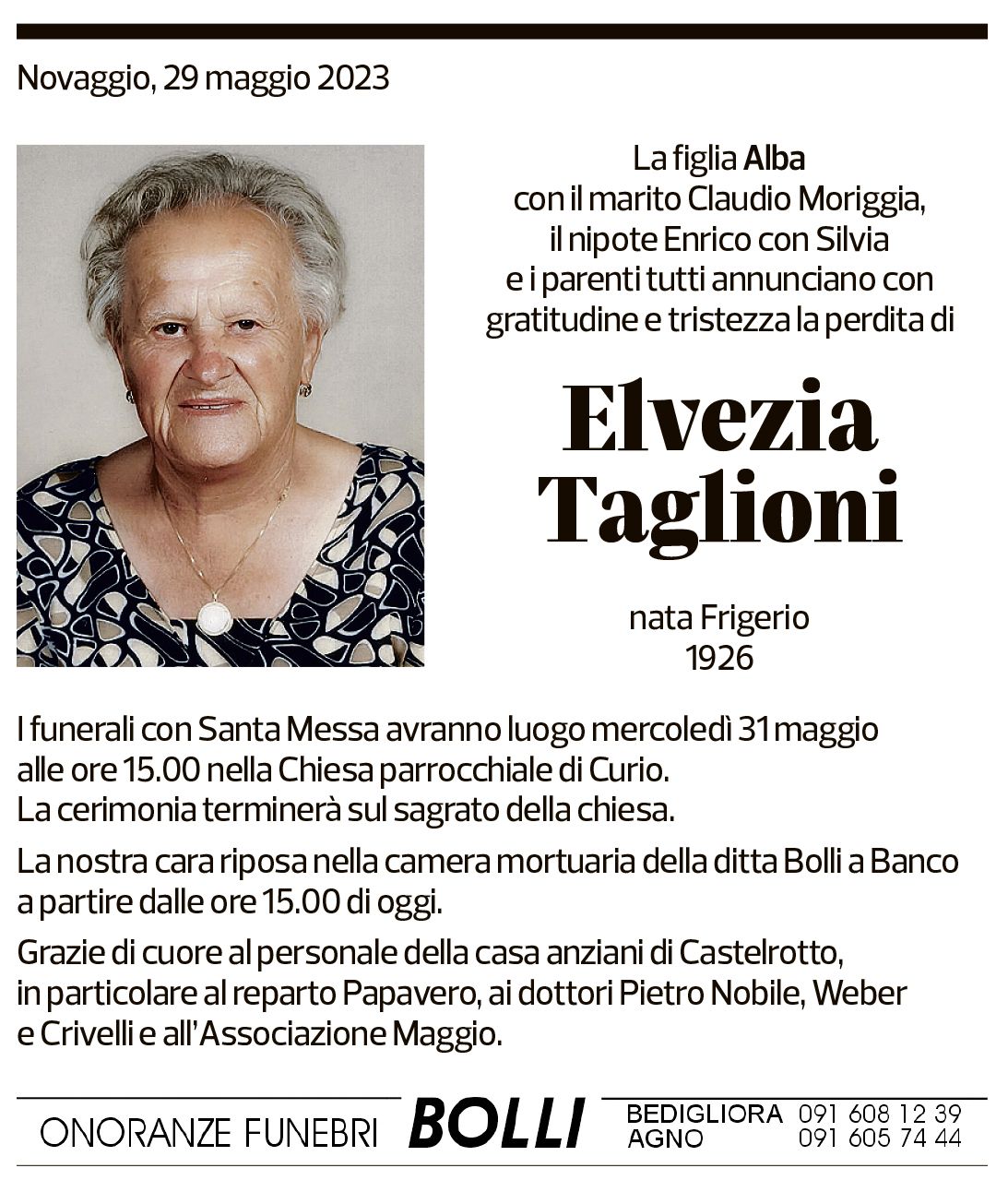 Annuncio funebre Elvezia Taglioni