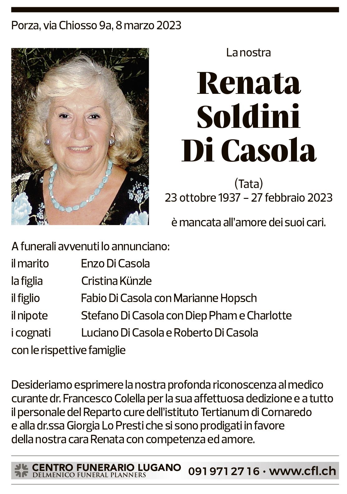 Annuncio funebre Renata Soldini Di Casola