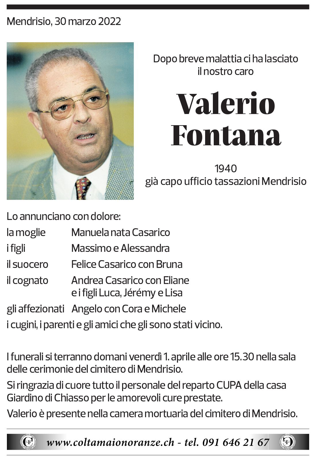 Annuncio funebre Valerio Fontana