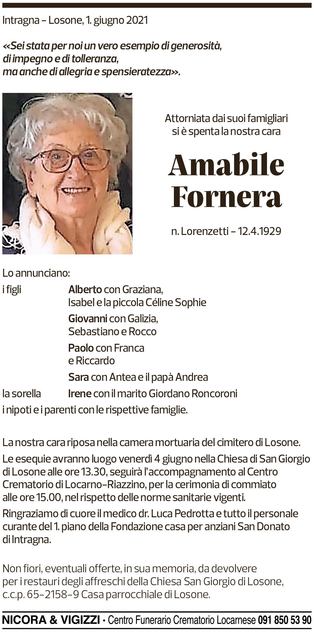 Annuncio funebre Amabile Fornera