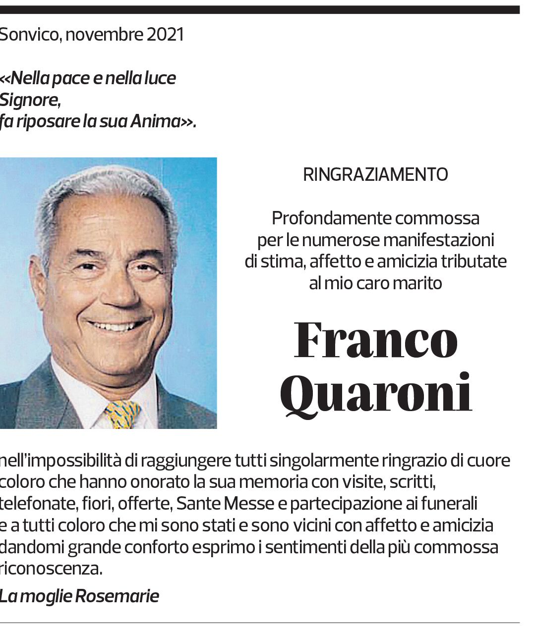 Annuncio funebre Franco Quaroni