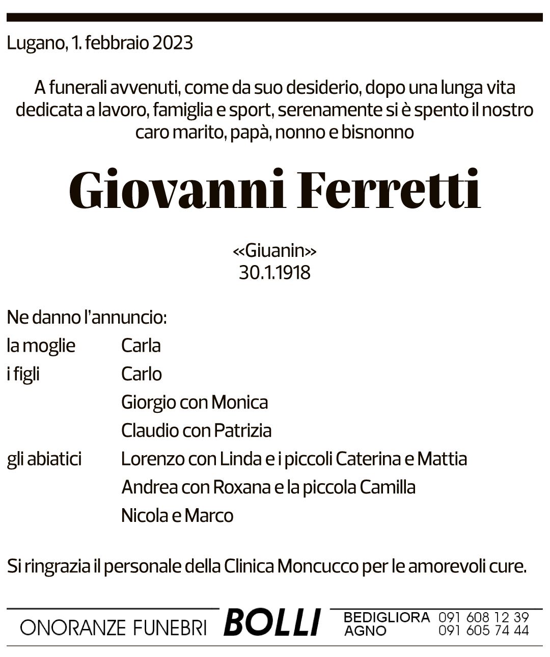 Annuncio funebre Giovanni Ferretti