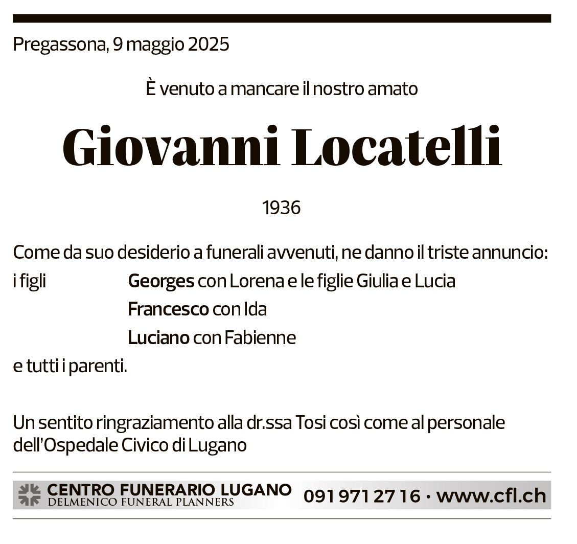 Annuncio funebre Giovanni Locatelli