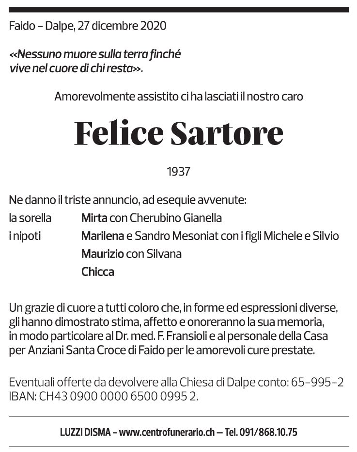 Annuncio funebre Felice Sartore