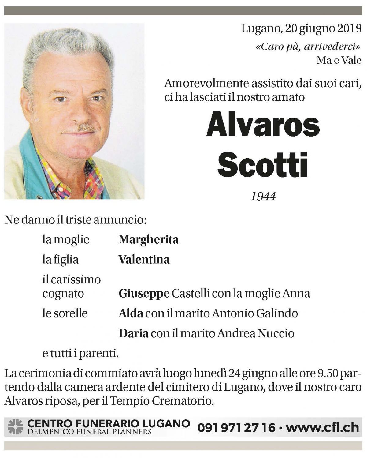 Annuncio funebre Alvaros Scotti