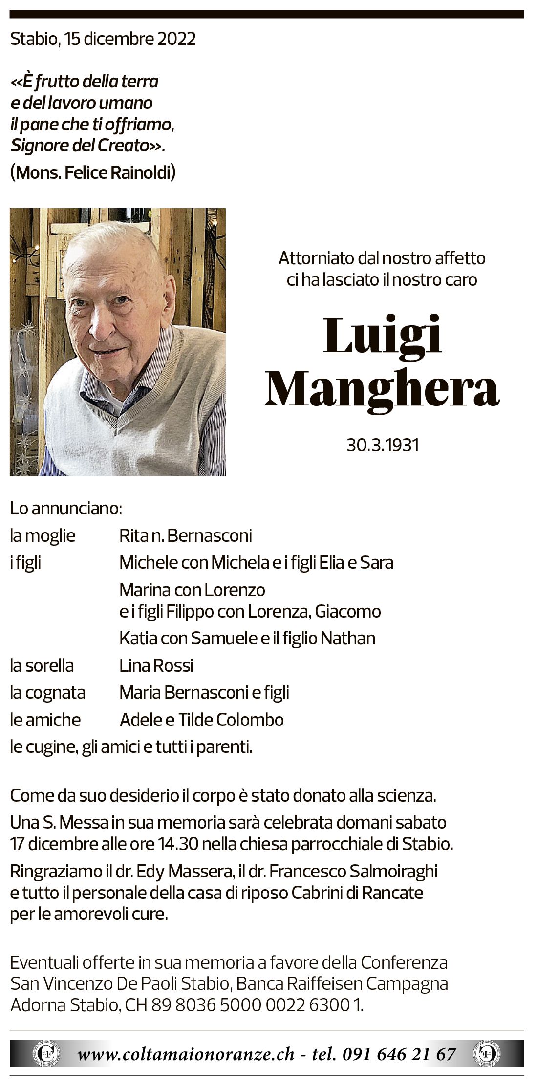 Annuncio funebre Luigi Manghera