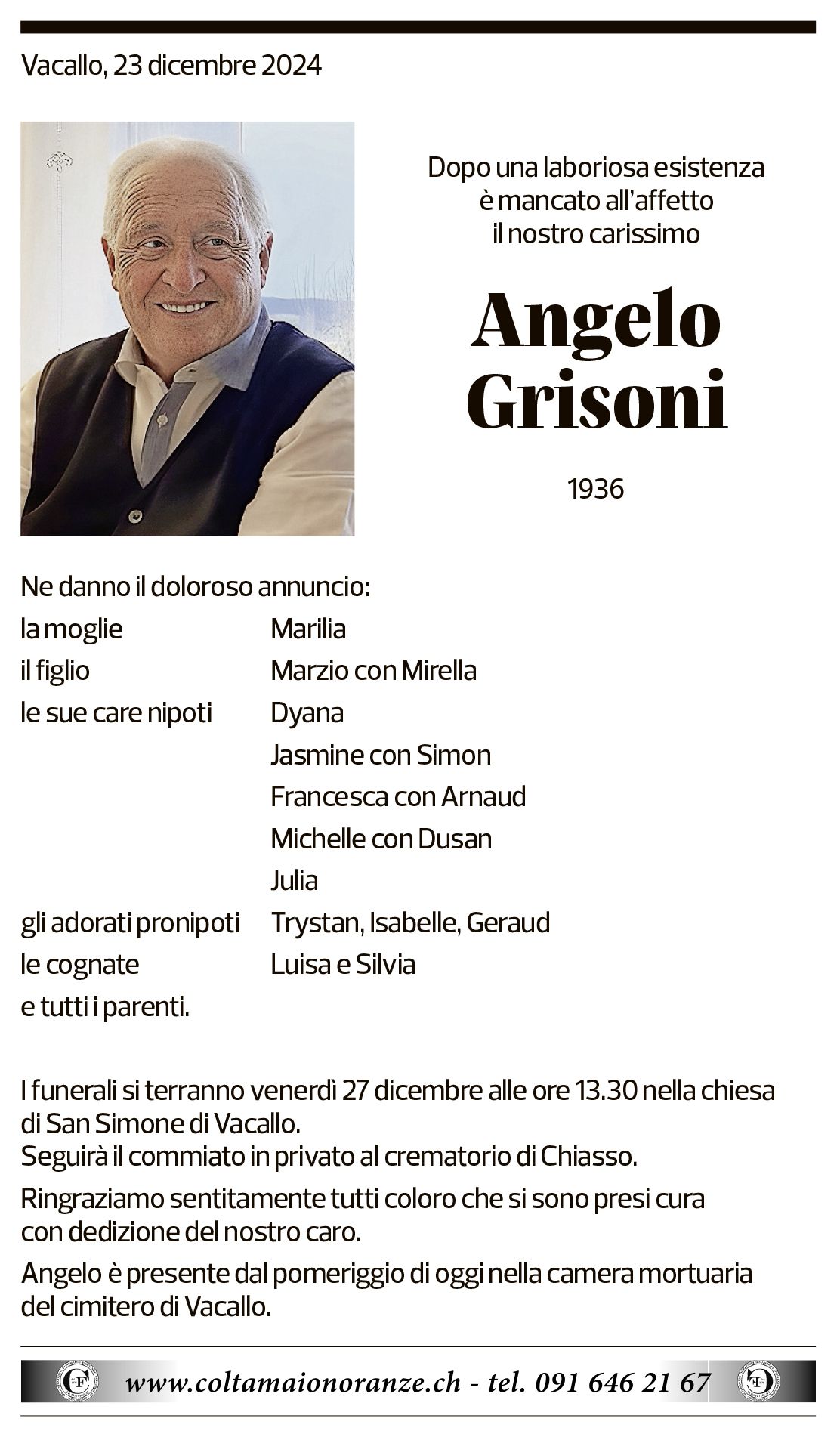 Annuncio funebre Angelo Grisoni