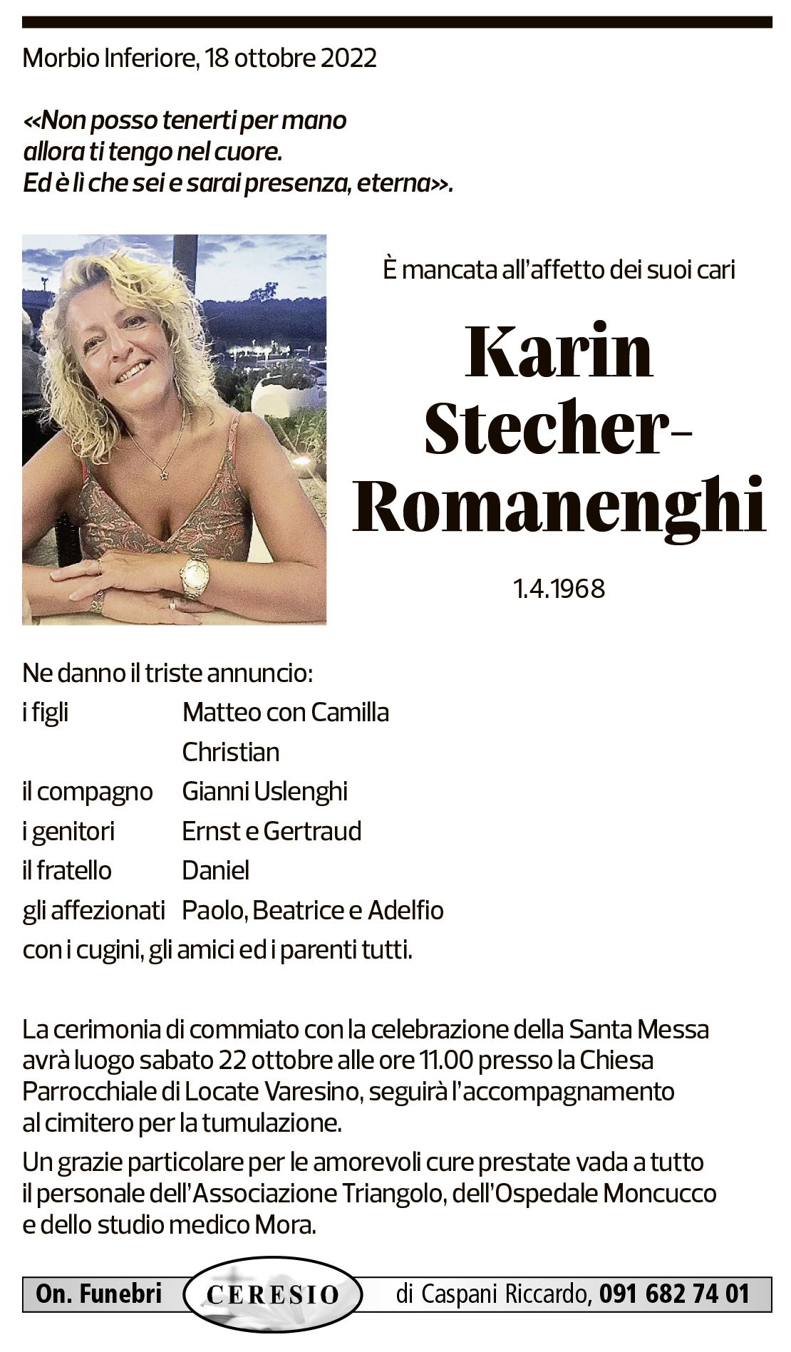 Annuncio funebre Karin Stecher-romanenghi